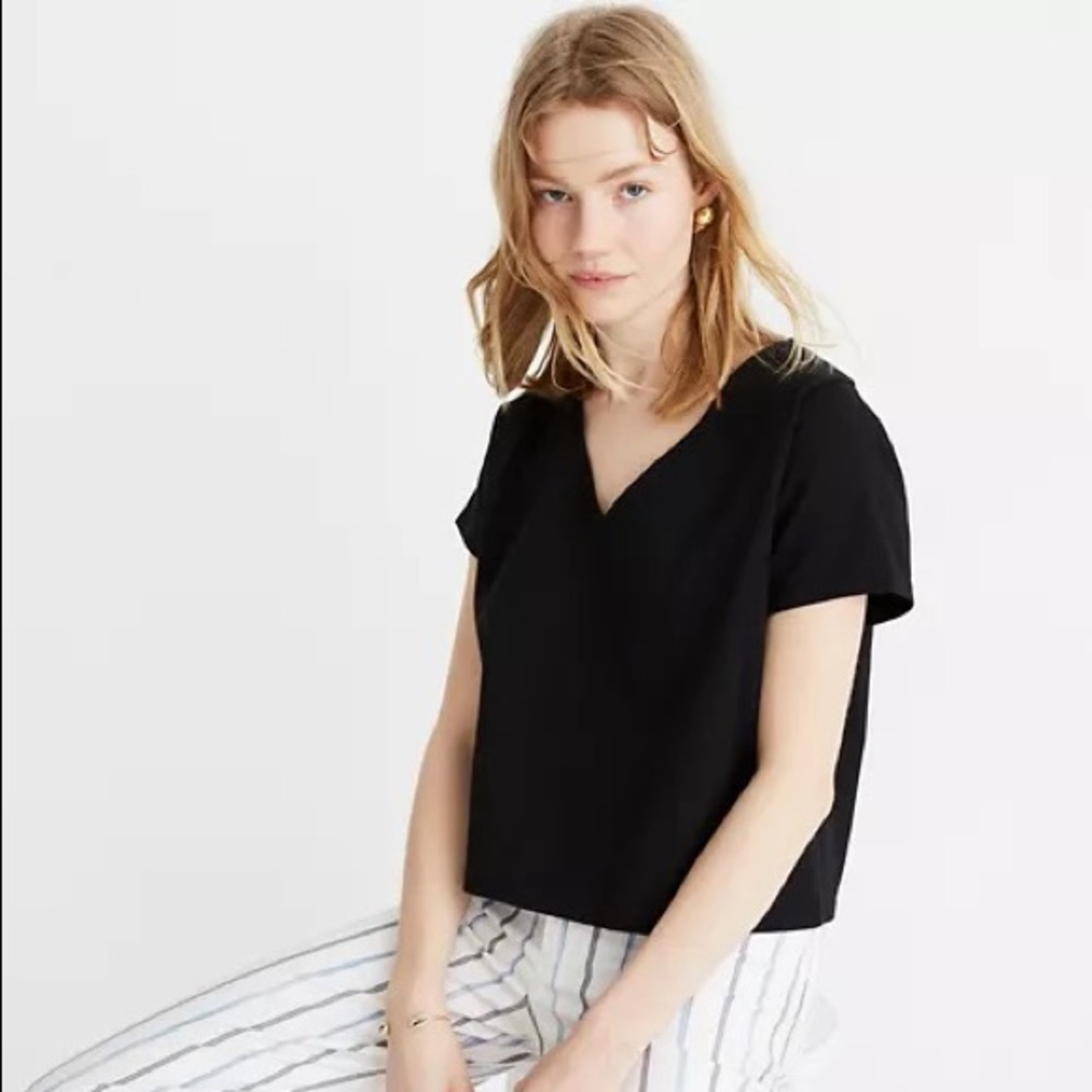 Madewell Ottoman Jacquard V-Neck Boxy Top True Black